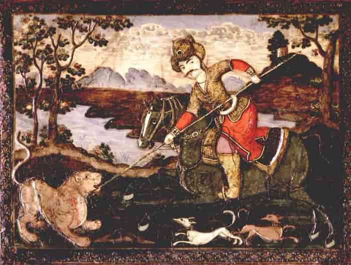 نقاشی شاهی صفوی در حال شکار شیر  قرن 19