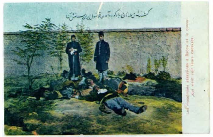 کارت پستال قاجاری کشته شدن مسلمانان در بادکوبه 