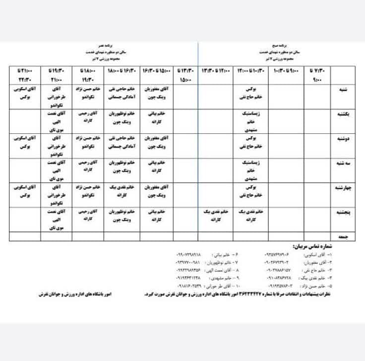 رشته‌های ورزشی فعال و در حال توسعه در سالن جدید شهدای خدمت مجموعه ورزشی ۷ تیر تفرش