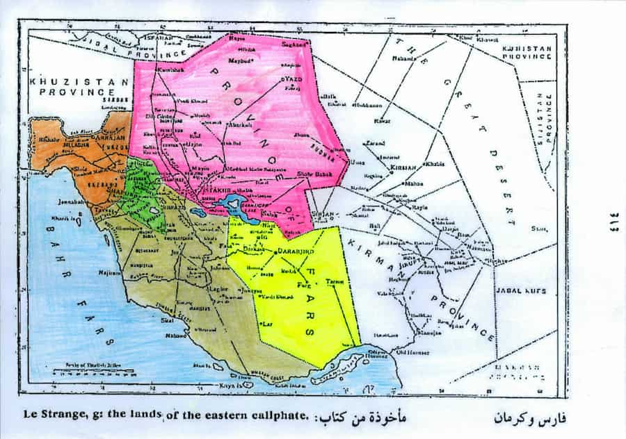 نقشه تقسیمات فارس در دوران اسلامی (پنج خوره بزرگ فارس)