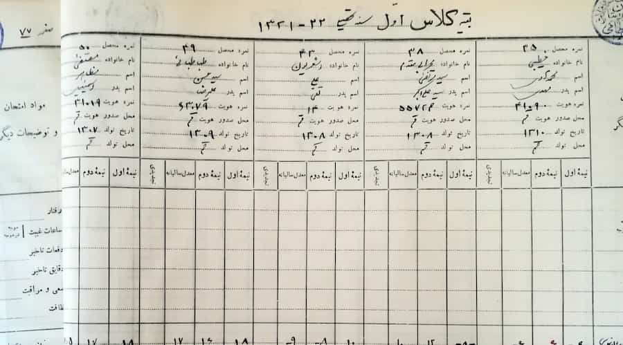 برگی از دفتر امتحانات دانش آموزان کلاس اول دبیرستان حکیم نظامی در سال تحصیلی ٢٢-١٣٢١